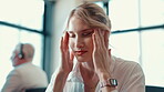 Business, woman and massage headache at call centre of account error, burnout and sales pressure. Female agent, stress and migraine of tech support problem, customer complaint and brain fog in office