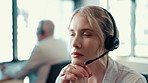 Call center, listening and woman with headset in office for communication, contact us and support. Business, corporate and person speaking for online advice, virtual consulting and customer service