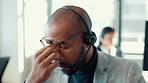 Call center, tired and headache with man in office for customer support, fail and debt crisis. Hotline operator, contact us and fatigue with frustrated person in agency for communication and stress