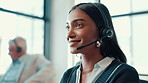 Call center, consultant and headset with woman in office for customer support, help desk and advice. Hotline operator, contact us and agent with person in agency for communication, microphone or crm 
