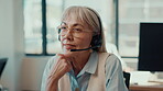 Call center, mature and headset with woman in office for telemarketing, sales agent or advice. Lead generation, contact us and loan assistance with person in agency for help desk and communication