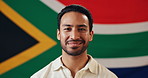 Face, man and pride with flag for South Africa, smile and confidence with happiness for citizen. Portrait, male person or patriotic with fabric for nationality, country or positive attitude by symbol