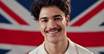 Country, face and smile of man with British flag for government, patriotism or politics of nation. Culture, democracy or history and happy person with Union Jack of United Kingdom for voter pride