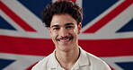 Face, national and smile of man with British flag for government, patriotism or political party. Country, democracy or history and happy person with Union Jack of United Kingdom for voter pride