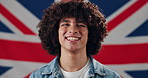 Culture, face and smile of man with British flag for government elections, patriotism or politics. Country, democracy or history and person with Union Jack of United Kingdom for voting pride