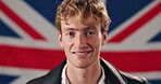 Face, government and smile of man with British flag for history, national patriotism or politics. Country, democracy or tradition and happy person with Union Jack of United Kingdom for voter pride