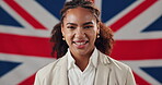 Country, face and smile of black woman with British flag for government, patriotism or politics. Culture, democracy or nation and happy person with Union Jack of United Kingdom for voter pride 