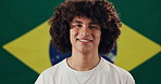 Brazil, happy and face of man with flag for country pride, loyalty and citizenship. Smile, ethnicity and portrait of person with symbol, sign and fabric for nationality, identity and patriotism