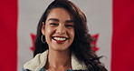 Happy woman, face or country with canada flag in pride or confidence for national citizenship. Portrait, female person or Canadian with smile, symbol or emblem for patriotic origin or nation day