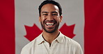 Canada, laugh and face of man with flag for country pride, loyalty and citizenship. Happy, ethnicity and portrait of person with symbol, sign and fabric for nationality, identity and patriotism