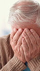 Sick, headache and senior man in home with pain for flu, cold or medical illness with symptoms. Disease, brain aneurysm and elderly male person with migraine for neurology condition in house.