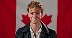 Face, smile and man with pride for flag, voter and confident for culture in country, poster or vote. Happiness, international and person with empowerment, government and icon for voice in Canada