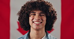 Happy man, face or patriot with canada flag in pride or confidence for national citizenship. Portrait, male person or Canadian tradition with smile, symbol or emblem in heritage culture or nation day