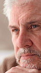 Home, thinking and old man with depression, sad and mental health with retirement. Pensioner, apartment and elderly person with history, nostalgia and alzheimer with memory, thoughts and reflection