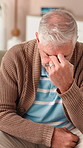 Therapy, stress and mature man in session for mental health, depression or anxiety consultation. Psychology, burnout and male person in counseling for emotion, trauma or exhaustion at medical clinic.