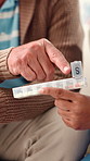 Container, hands and medicine with people closeup in home for advice, consulting or routine. Healthcare, medical or supplements with caregiver and old person in apartment for organization of pills