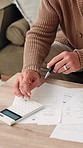 Hands, senior man and calculator with documents for budget, payment statement and debt. Elderly person, paperwork and mortgage expenses, savings balance and finance invoice of retirement fund at home