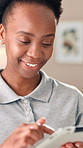 Happy, black woman and physiotherapist with tablet for research, health or results at private practice. Female person, therapist or browsing with smile on technology for wellness or app at clinic