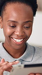 Happy, black woman and physiotherapist with tablet for medical research or best practices at clinic. Female person, therapist or browsing with smile on technology for health and wellness at office