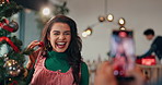 Picture, christmas and couple in home for bonding, memory or connection together with decorations. Happy, phone and man with woman for photography by xmas tree for social media post in apartment.