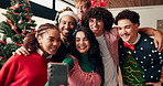 Smile, group and friends with selfie for christmas celebration, festive reunion and social media post. Happy, people and photography for bonding on xmas, profile picture update and memory at house