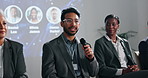 Panel, speaker or man in ecology conference for climate change, awareness or renewable energy. Presentation, mic or people on stage in forum discussion for sustainability or eco friendly convention