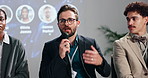 Mic, speaker or man in conference speech for global economy, awareness forum or resources. Presentation, education and people on stage in panel discussion for financial growth, solution or convention