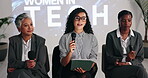 Stage, people or speaker at conference event for women in tech, leadership workshop or empowerment. Global summit, mic or stakeholders speech with tablet for career advancement, mentorship or insight