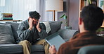 Counseling, stress and student on sofa with therapist for help, support and advice for college exams. Mental health, therapy and guidance counsellor with man for anxiety, burnout and fail at school