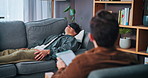 Man, breathing and consultation with psychologist for therapy or calm with tablet in office. Counselor, peace and help patient on sofa with eye mask for insomnia, sleep paralysis or mental health