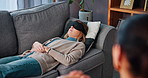 Psychologist, patient and woman with blindfold in office for mental health, advice and counseling. Psychology, consultation and person with sensory deprivation for discussion, support and therapy