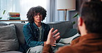 Man, sofa and discussion with psychologist for mental health, listen and advice in consultation. Therapist, person and talk with counselling for anxiety, grief or stress management at wellness clinic