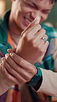 Carpal tunnel, hand and man in home with wrist pain, strain or accident with discomfort. Arthritis, osteoporosis and person in house with muscle sprain, inflammation or injury with medical emergency.