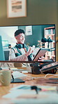 Computer, creative and video editing with website, hands and content creation on software or online. Media production, influencer and person with tech for process, screen and consistency for vlog