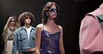 Fashion, show and runway with model at event for designer collection, clothing showcase and couture. Fabric, wardrobe and luxury catwalk with people walking on stage for trendy, and style industry