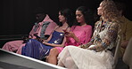 Fashion show, first row and people at event for luxury collection, magazine journalism and runway. Showcase review, designer blog and catwalk with woman at stage for style, industry or trends analyst