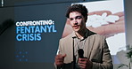 Man, presenter and convention with mic by screen for drugs, info or solution for addiction crisis. Person, speaker and speech at conference for fentanyl awareness, substance and narcotics on stage