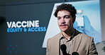 Speaker, conference and man with mic for healthcare, vaccine equity and access seminar. Presentation, announcement and medical representative at convention, stage and briefing event on immunization