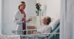 Senior woman, doctor and clipboard by hospital bed for report, good news or recovery in retirement. Elderly patient, medical consulting and illness for advice, listen or happy for healing at clinic