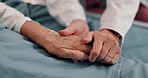 Holding hands, support and patient with family in hospital with empathy, love and compassion. Trust, bonding and person with daughter for visit with connection, hope or comfort in medical clinic.