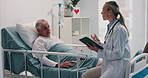 Senior man, doctor and hospital bed with tablet for healthcare, diagnosis or recovery at clinic. Woman, health worker or consulting elderly patient with technology for medical advice or results