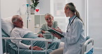 Senior couple, patient and doctor with tablet on hospital bed for diagnosis or medical results. Elderly man, woman and healthcare worker consulting with technology for health treatment or recovery