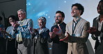 Applause, presentation and success with business people on stage together for award ceremony. Conference, motivation and trade show with employee group clapping on podium for development seminar