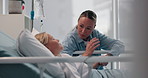 Crying, medical and mother with daughter in hospital bed for operation, procedure or surgery fear. Scared, stress or tears with single parent woman and girl child in clinic for healthcare treatment