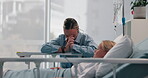 Healthcare, mother and praying with daughter in hospital bed for operation or surgery hope. Faith, religion or sad with scared single parent woman and girl child in clinic for medical procedure