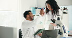 Tablet, research and high five with people in lab for clinical success, pharmacy or medical. Healthcare, drug trial approval and collaboration with scientist and support for published science results