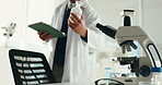 Hands, person and scientist for chemistry in lab for experiment, medical study and testing. Man, tablet and liquid for chemical solution, research and healthcare innovation and vaccine development