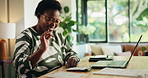 Black woman, audit or laptop with calculator for finance, budget planning or tax deduction at home. Female person, receipt or invoice with smile for financial profit, rebate or cash back at house