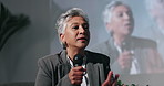 Mature, speaker or woman in seminar speech for global economy, awareness forum or finance resources. Presentation, education and guest on talk show stage for financial growth, solution or convention