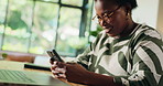 Black woman, phone and happy for remote work from home with typing, chat and networking for deal. African person, copywriter and smartphone with smile for notification, contact or mobile app at house